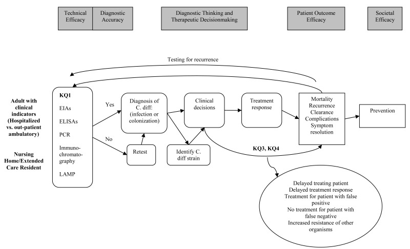 Appendix Figure A1 is a flow diagram illustrating the clinical path for patients with the potential to develop CDAD, from diagnostic laboratory tests, through their impact on treatment decisions, to finally implications for prevention strategies. It also locates the key questions of the review within the context of the framework. Diagnostic testing has two parts, the technical efficacy of the tests and diagnostic accuracy. After diagnostic accuracy, and treatment, and patient outcome efficacy, is prevention, a societal level efficacy measure, as the benefits of prevention of infectious disease can extend beyond the individual patient.