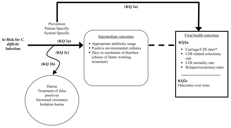 Figure A2 is a flow diagram illustrating the pathway of preventive strategies and practices from the target patient population of patients at risk for CDAD due to potential exposure, through intermediate outcomes, and on to clinical health outcomes.