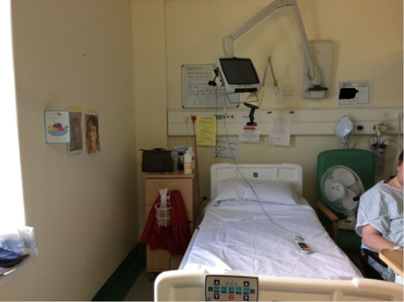 FIGURE 5. Typical bed space and décor at site 1, described by patients and staff as cluttered and uninspiring.