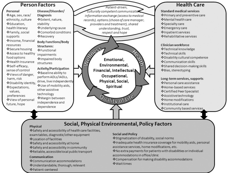 Figure 1. Conceptual Framework: How Health Care and Other Factors Affect the Health, Wellness, and Quality of Life for Individuals With Disabilities.