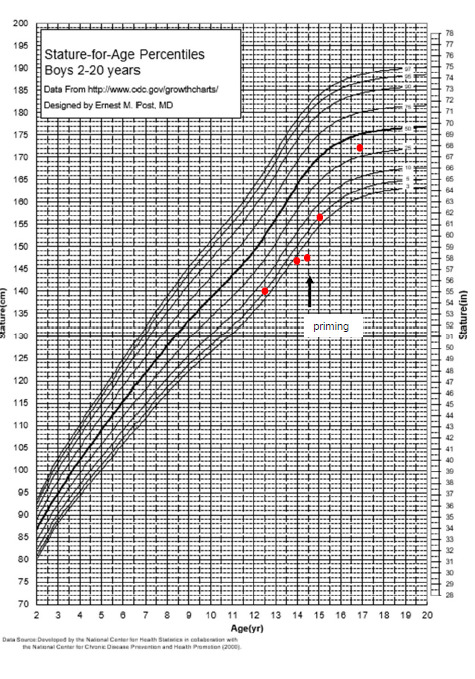 Figure 1. . Patient 1 growth chart: Longitudinal growth chart in patient 1 before and after sex hormone priming.