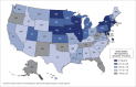 Figure 4 is a four-color heat map showing change in life expectancy at birth from 2020 to 2021 for each state, the District of Columbia, and the United States in 2021.