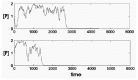 Figure 8. If positive feedback of gene product to gene activation rate is not strong fluctuations are large and can result in permanent inactivation of the gene.