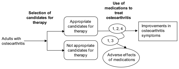 This analytic framework is a model linking the key questions, evidence, and the population related to the clinical outcomes. Here, the population of interest is patients with osteoarthritis who are appropriate candidates for analgesic medications (intervention) and the clinical outcomes are improvement in osteoarthritis symptoms. Another possible outcome is the adverse effects of these medications.