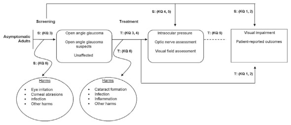 The analytic framework depicts the impact of both screening and treatment for OAG. It depicts the Key Questions (KQs) within the context of the inclusion criteria described in the following sections. The figure depicts how screening-based programs, which may incorporate treatment when indicated, may reduce visual impairment (S: KQ1) and/or improve patient reported outcomes (S: KQ2), reduce intraocular pressure (S: KQ4) and possibly slow the progression of optic nerve damage and/or visual field loss (S: KQ5). The figure also incorporates the potential predictive value of screening-based programs to detect OAG and OAG suspects (S: KQ3). Finally, the potential for harms of screening (S: KQ6) are illustrated in the framework.
