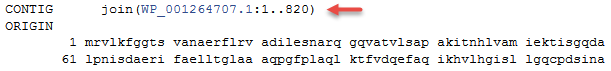 Image of the CONTIG line in the GenPept display of RefSeq protein accession NP_414543.1, which cross-references a non-redundant RefSeq protein (WP_001264707.1).